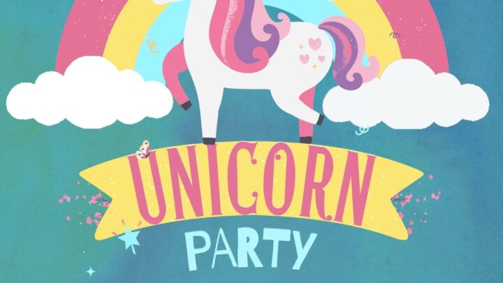 Unicorn and a rainbow with party information