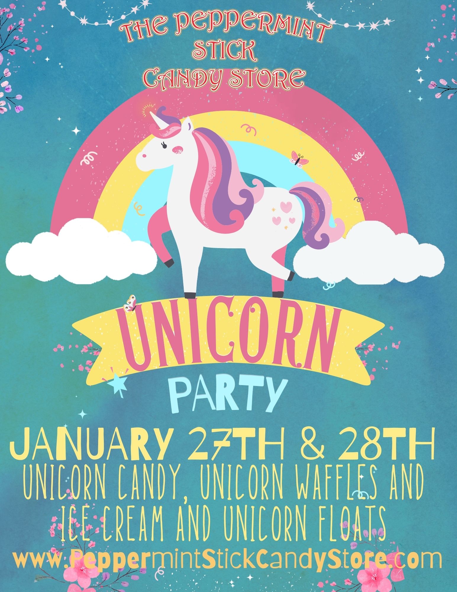 Unicorn and a rainbow with party information