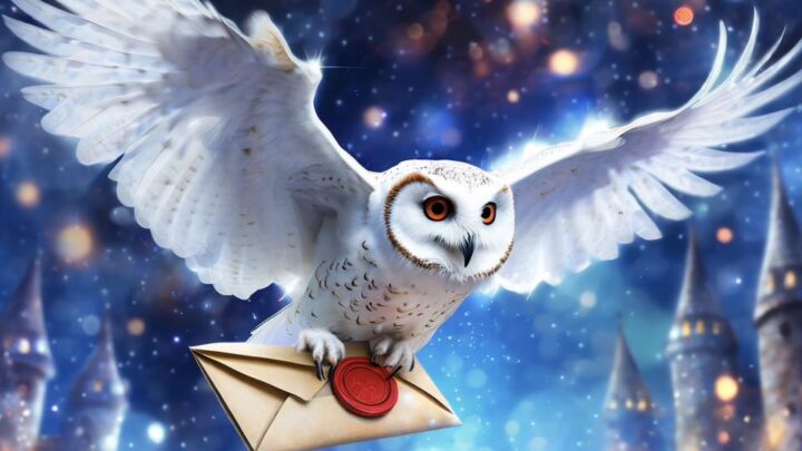 Flying Hedwig the owl carrying a letter