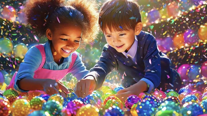 kids playing with glowing pinballs