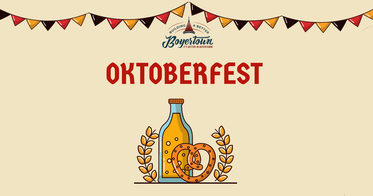 Boyertown Oktoberfest banner with beer and pretzel icon