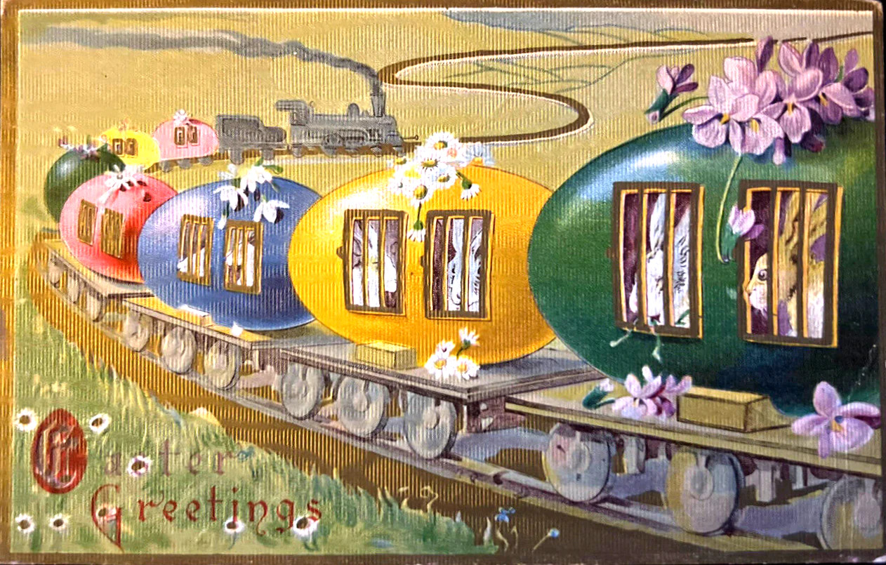 vintage postcard of colorful egg-shaped trains